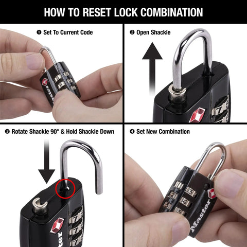 TSA Approved Luggage Lock With Wide Lock Body And Thin Steel Shackle, Resettable 3-Digit Combination; tutorial steps