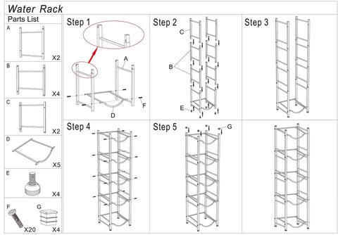 Assembly diagram for Five Tier Water Jug Rack for Five Gallon Jugs Heavy Duty Steel Bottle Organizer Shelf No Fuss Easy Assembly