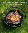 Top view of 38 Inch Wood Burning Fire Pit For Outdoor Patio Round Fire Pit With Grill And Metal Lid Grill Ready Backyard Fire Pit Table with fire.