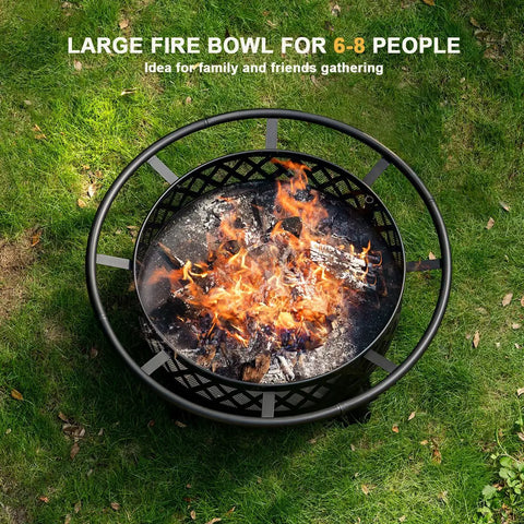 Top view of 38 Inch Wood Burning Fire Pit For Outdoor Patio Round Fire Pit With Grill And Metal Lid Grill Ready Backyard Fire Pit Table with fire.