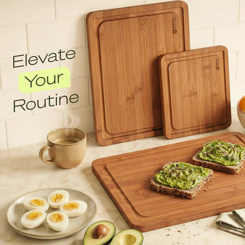 Top Shelf Wooden Cutting Boards For Kitchen Meal Prep And Serving With Deep Juice Groove And Sturdy Handles Real Deal Charcuterie Serving Tray And Tough Butcher Block For Steak Slicing And Daily Cooking Three Piece Set with bamboo boards and food.