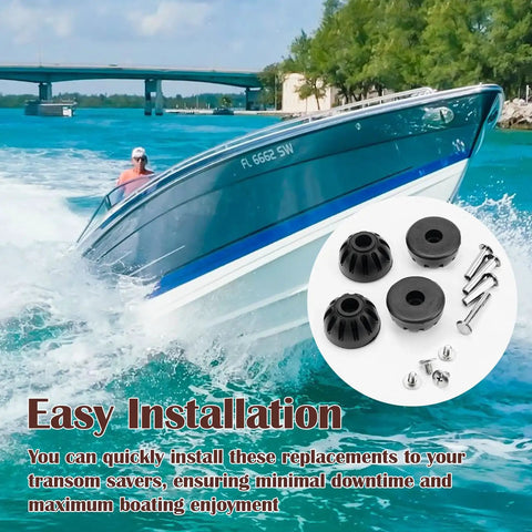 Boat on water with Transom Saver Boat Rubber Shocks SP 410 Replacement Updated Version and installation hardware.