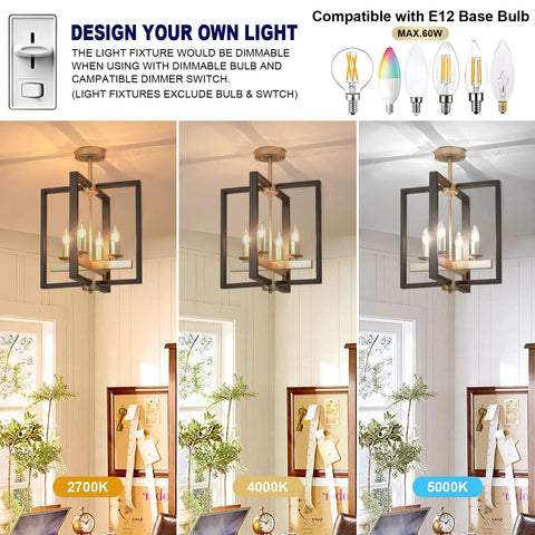 Industrial Lantern Chandelier With Four Lights, Modern Geometric Semi Flush Mount Ceiling Light in room scene, light variations shown