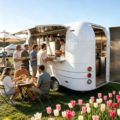 13 Foot White Mobile Catering Trailer Turnkey Commercial Food Truck With Fully Equipped Kitchen Setup Dot Approved serving food outdoors.