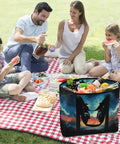 Family picnic with Desert Cowboy Style Insulated Cooler Tote containing drinks and snacks, on a red checkered blanket.