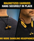 Heavy Duty Bluetooth Neckband Headphones for Jobsite Use with 30 Hour Runtime and Noise Isolation, magnetic yellow earbuds