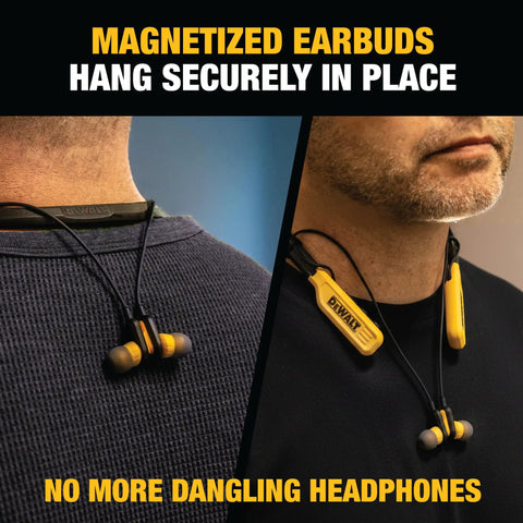 Heavy Duty Bluetooth Neckband Headphones for Jobsite Use with 30 Hour Runtime and Noise Isolation, magnetic yellow earbuds