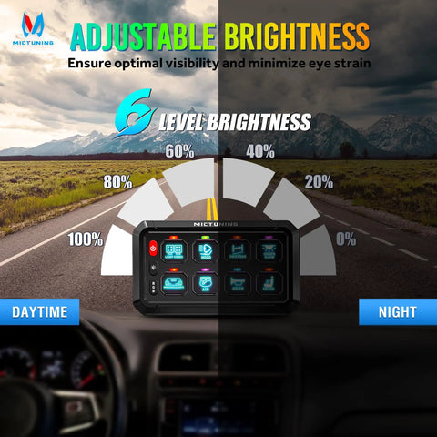 8 Gang Switch Panel With Wireless Remote Control From Up To 230 Feet Pair With Up To 5 Panels At Once Multifunction Toggle Momentary Flash Strobe Backlit Off For Car Boat RV Offroad showing adjustable brightness levels for day and night use.