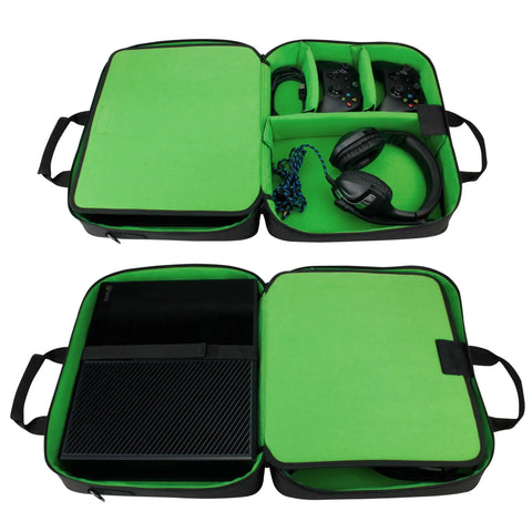 Open Grab And Go Console Carrying Case For Xbox Series S, Xbox One, And Xbox 360 showing storage for controllers, cables, and headset