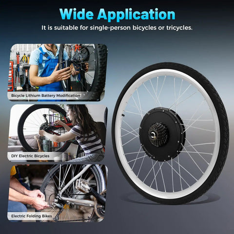 26 Inch Electric Bike Conversion Kit 48V 1000W Rear Hub Motor With 460 RPM PAS Sensor And LCD Display showcased in assembly scenarios