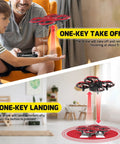 Kids Mini Drone With Altitude Hold And Headless Mode hovering by a child and adult, showing one-key takeoff and landing features.