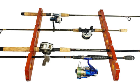 Solid Pine Horizontal Ceiling Rod Rack For Fishing Gear And Storage Holds Up To Nine Fishing Rods Easy Mount Space Saving Ceiling Organizer For Garages And Sheds showing rods horizontally laid across a pine rack.
