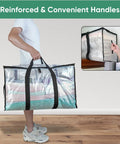 Person carrying Six Pack Oversized Moving Bags With Reinforced Handles, Heavy Duty Clear Storage Totes showing reinforced handles