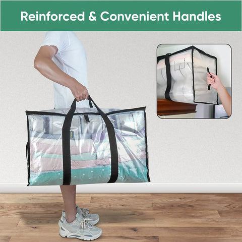 Person carrying Six Pack Oversized Moving Bags With Reinforced Handles, Heavy Duty Clear Storage Totes showing reinforced handles