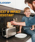 Child and dad in kitchen near toaster showing Beefy Polycarbonate Duplex Receptacle Outlet Covers 1 Gang Wall Plates.