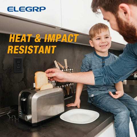Child and dad in kitchen near toaster showing Beefy Polycarbonate Duplex Receptacle Outlet Covers 1 Gang Wall Plates.