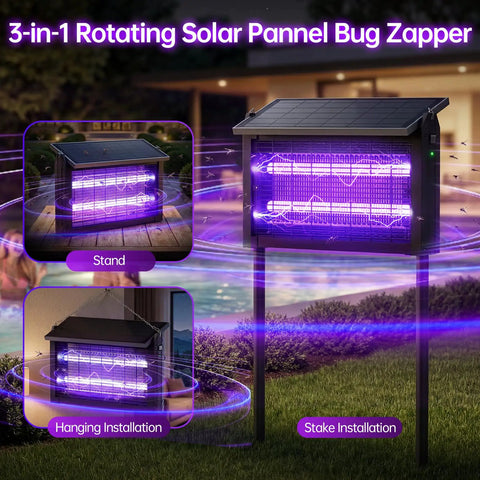Rechargeable Solar Powered Mosquito Zapper With 4500V High Voltage, 15W Solar Panel, Waterproof Cordless Bug Zapper Lamp for Outdoors