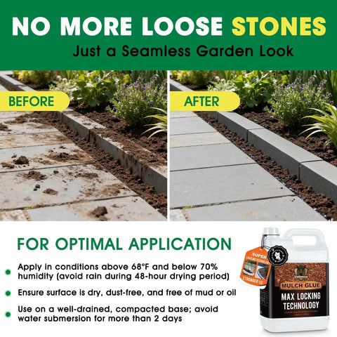 Ready to Use Mulch and Gravel Glue for Landscaping No Mess No Fuss One Gallon Rock Binder Non Toxic Weather Resistant Holds Pebbles Pine Straw for Garden Paths and Beds With Easy Application. Before and after garden path with mulch glue bottle