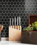 2-Inch Hex Matte Black Porcelain Mosaic Tile For Floors And Walls Mesh Mounted 11.13 x 12.63 Inches kitchen backsplash view