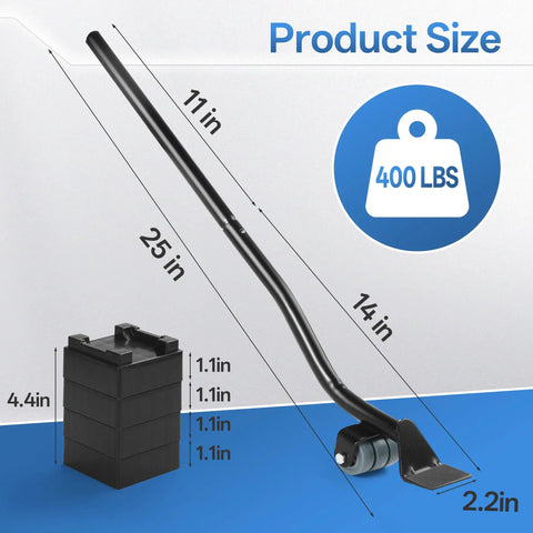 Heavy Duty Steel Furniture Lifter Tool Set With Four Grippy Pads, size details, 400 lbs capacity, practical for moving furniture.