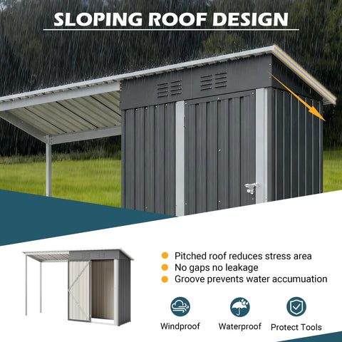 5x3 Ft Outdoor Storage Shed And Gazebo Combo with sloping roof design, gray metal structure in a rainy backyard setting.