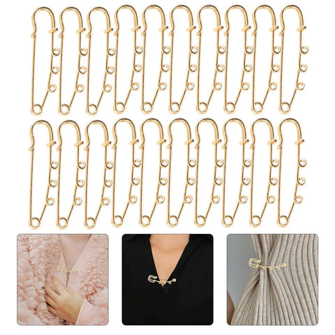 Premium 20 Pack Of Versatile Loop Safety Pin Brooches displayed; 20 golden loop pins for secure fashion styling.