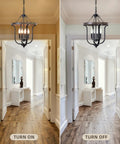 Farmhouse 4 Light Cage Chandelier With Black Metal Finish And Faux Wood Rustic Lantern Pendant Light in a hallway, lit and unlit view