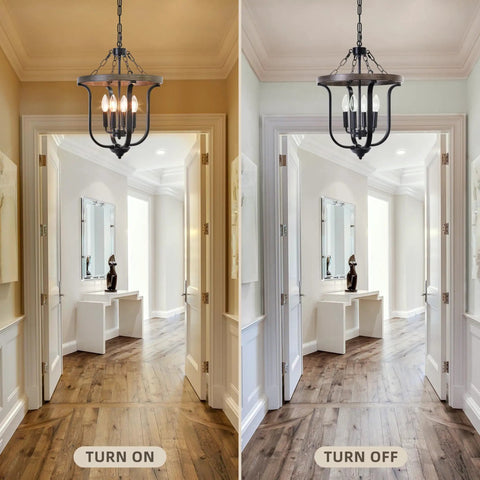Farmhouse 4 Light Cage Chandelier With Black Metal Finish And Faux Wood Rustic Lantern Pendant Light in a hallway, lit and unlit view