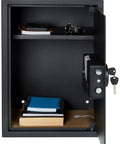 Steel Home Security Safe With Electronic Keypad Lock For Docs And Valuables, 1.8 Cubic Feet, Black, Heavy Duty Steel Safe Box with open door showing shelves and items.