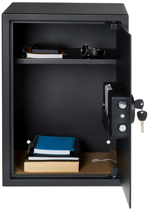 Steel Home Security Safe With Electronic Keypad Lock For Docs And Valuables, 1.8 Cubic Feet, Black, Heavy Duty Steel Safe Box with open door showing shelves and items.