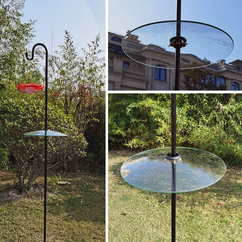Large 13 Inch Glass Rain Cover For Outdoor Bird Feeder, Two Way Hanging Or Shepherd Pole Mount, Weatherproof Clear Dome Shield, 33 Cm Diameter To Protect Feeder From Rain Snow Debris shown on a shepherd pole in a garden.