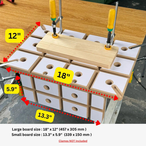Heavy Duty Dovetail Clamping Board For Woodworking 12 X 18 Inch Benchtop on table with dimensions marked.