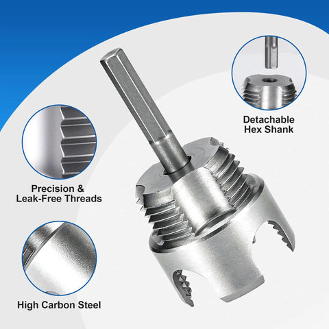 Kick Plumbing Jobs Up A Notch With This Epic 3 Pcs PVC Pipe Threader Kit featuring detachable hex shank and precision threads.