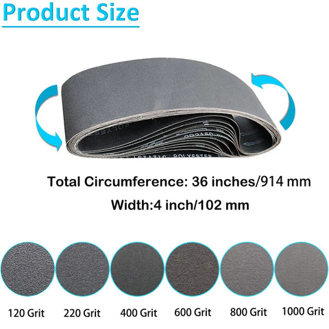 Beefed Up Six Pack 4x36 Inch Silicon Carbide Sanding Belts Set With 120 240 400 600 800 1000 Grits for Knife Sharpening and Metalworking
