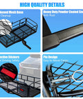 Heavy Duty Hitch Mount Cargo Carrier 60x24x14 Inch Folding Rear Luggage Basket features mesh base, steel frame, stickers, pin design.