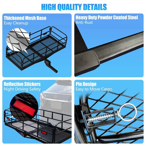Heavy Duty Hitch Mount Cargo Carrier 60x24x14 Inch Folding Rear Luggage Basket features mesh base, steel frame, stickers, pin design.