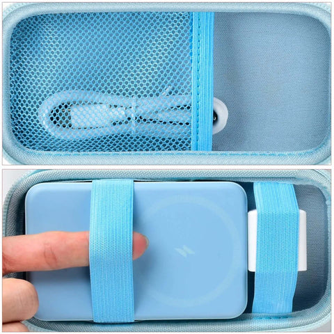 Slick Magnetic Battery Sleeve For Portable Chargers Provides Top Shelf Protection As A Foldable Power Bank Holder Case With Sweet Fit 10000 MAH Batteries snugly holding a blue power bank and cable.