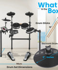 Seven Piece Electronic Drum Kit With Mesh Pads Totally Portable Electronic Drum Set Eight Inch Tom And Snare Ten Inch Crash Ride Hi Hat Pro Cymbals USB MIDI For Mac And PC Easy Setup Throne Seat And Sticks Included with dimensions and features highlighted