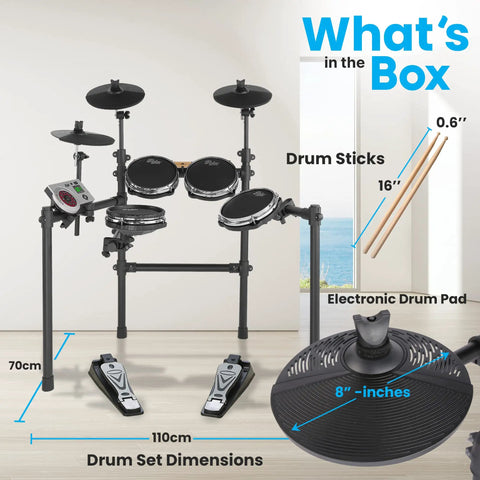 Seven Piece Electronic Drum Kit With Mesh Pads Totally Portable Electronic Drum Set Eight Inch Tom And Snare Ten Inch Crash Ride Hi Hat Pro Cymbals USB MIDI For Mac And PC Easy Setup Throne Seat And Sticks Included with dimensions and features highlighted