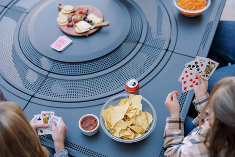 Surround Surface For Yukon Fire Pit Lid Durable Cold Rolled Steel Shield as tabletop with snacks and cards, 34.5 inch
