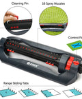 Turbo Oscillating Sprinkler With 18 Precision Nozzles Covers Up To 4400 Sq Ft showing cleaning pin and control flow features