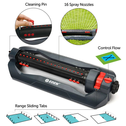 Turbo Oscillating Sprinkler With 18 Precision Nozzles Covers Up To 4400 Sq Ft showing cleaning pin and control flow features