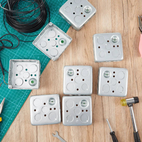 12 Pack 4x4 Inch Metal Electrical Junction Boxes Deep Square Silver Galvanized Steel Drawn Construction 21 Cu In Capacity For Wiring Conduit And Electrical Projects Diy Ready Heavy Duty Box Set shown with knockouts