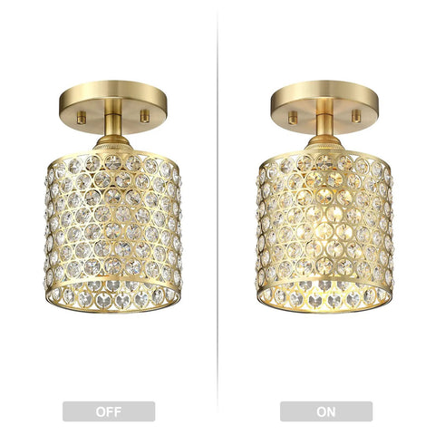 3 Pack 1 Light Crystal Gold Pendant Light For Kitchen Island Semi Flush Mount Brushed Bronze Finish 5.8 Inch Modern Crystal Metal Shade Ideal For Bar Dining Room Corridor Living Room - light off and on view