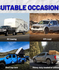Image showing trucks in various settings: RV towing, off-road, roof top tent, and heavy duty. Suitable for Gmrck15s Rear Suspension Bump Stop Kit.