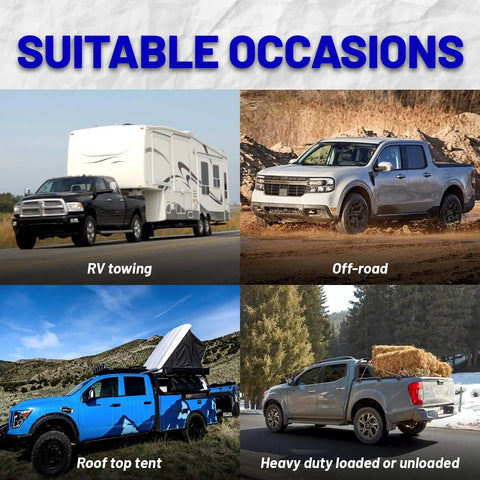 Image showing trucks in various settings: RV towing, off-road, roof top tent, and heavy duty. Suitable for Gmrck15s Rear Suspension Bump Stop Kit.