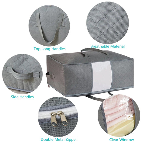 Roomy 105L Extra Large Storage Bags For Blankets Bedding And Clothes 3 Pack With 4 Handles Clear Window Foldable In Grey