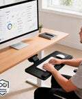 Smooth Glide Under Desk Keyboard Tray Featuring Adjustable Tilt And Height Controls 25 X 10 Inch Drawer Platform shown in use with a computer.