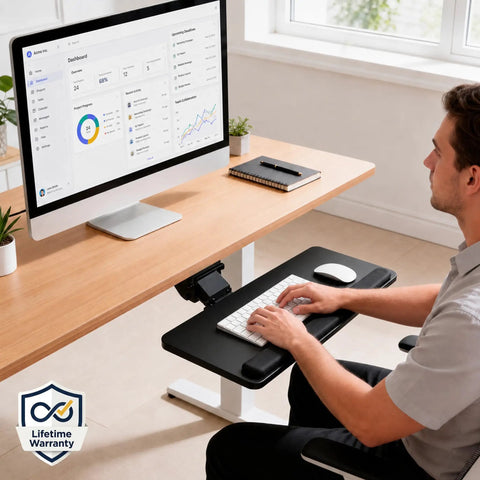 Smooth Glide Under Desk Keyboard Tray Featuring Adjustable Tilt And Height Controls 25 X 10 Inch Drawer Platform shown in use with a computer.