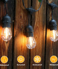 96 Ft LED Outdoor String Lights With Shatterproof S14 Bulbs Waterproof Patio Lighting Dimmable Edison Style Bulbs on wooden wall